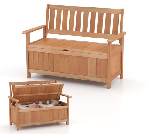 GOPLUS Gartenbank mit Stauraum für bis zu 40 kg, Sitzbank aus Holz, Truhenbank mit Armlehne, bis 160kg belastbar, Holzbank Garten, Parkbank für Terrasse, Garten, 120 x 66 x 91 cm
