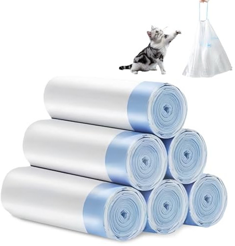 PRITOK Katzentoilettenbeutel mit Zugbändern: 6 Rollen/90 Stück Mülltüten mit Tragegriff, Selbstreinigende Katzentoilette Müllbeutel, Katzentoilettenbeutel für Hundekot Katzenstreu, Reißfest