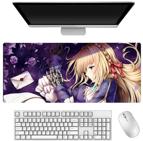 Violet Evergarden Tapis de souris de jeu Anime Motif impression 3D Bords cousus Caoutchouc naturel Sous-main de bureau étanche Accessoires PC pour gamer bureau maison 40 x 90 cm