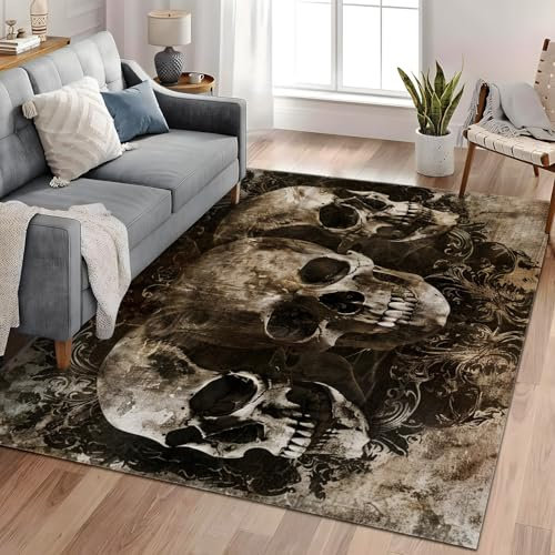 Teppich Wohnzimmer Totenkopf Gothic 80x150 cm Moderne Waschbarer Teppich, Teppiche rutschfeste Weicher Teppich Kurzflor, Teppich für Schlafzimmer Esszimmer