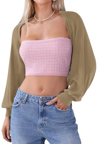 Totatuit Boléro pour femme Cardigan court manches lanternes festif Couleur unie élégant ouvert sur le devant Manches longues Veste légère Boléro tricoté Veste d'épaule Kaki,S