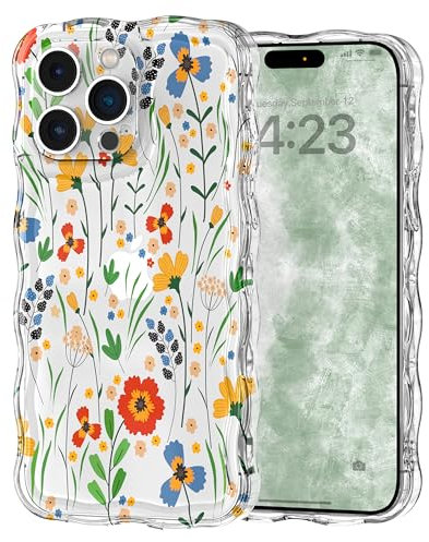 Micoden Cute Curly Wave Case for iPhone 15 Pro Max,Clear with Anti-Yellowing Flower Floral,Soft TPU Slim Bumper Shockproof Anti-Scratch Protective Wavy Cover for Girls Women-Orange