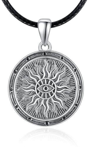 KATHLU Sun Evil Eye Pendant Necklace 925 Sterling Silver Amulet Punk Vintage Sun Evil Eye Coin Necklace Sunburst Protection Jewelry 20''+2 Leather Rope Chain Gift for Men Women