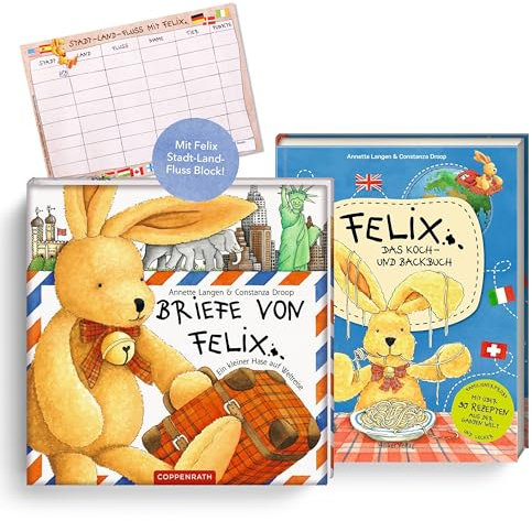 Felix-Bücher-Set: Briefe von Felix: Ein kleiner Hase auf Weltreise & Felix – Das Koch- und Backbuch + Stadt-Land-Fluss-Spiel | Abenteuer & Kochspaß mit Felix – Tolle Geschenkidee für Kinder
