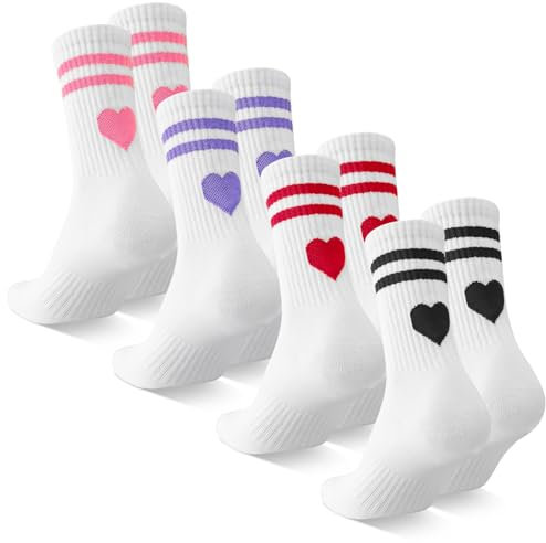 Utensilsto 4 Paar Tennissocken Damen 39-42 Weiß Socken Sportsocken Baumwollsocken Tennis Sport Socken mit Herz Streifen Motiv Herzsocken für Lauf Arbeit,Lustig Geschenke für Frauen