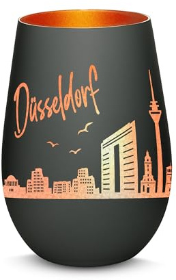 Gravur-Max Windlicht mit 360° Gravur Skyline Düsseldorf Deko Glaslicht als tolles Geschenk mit Einer hochwertigen Lasergravur zu jedem Anlass in der Farbe Schwarz/Bronze