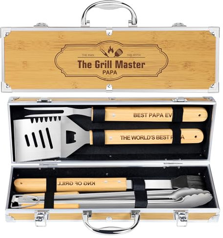 Papa Geschenke,4 Stücke BBQ Grillbesteck Set Edelstahl Grillzubehör für Männer Geschenk Geburtstag Hochwertiger Grillutensilien Set Koffer mit Grillkoffer für Garten und Camping