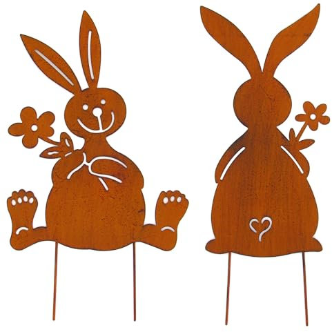 Lentz 2er Set XL Outdoor Osterdeko Osterhasen 26cm x 50cm Wetterfeste Stahl-Aufsteller Vintage Gartendeko Edelrost