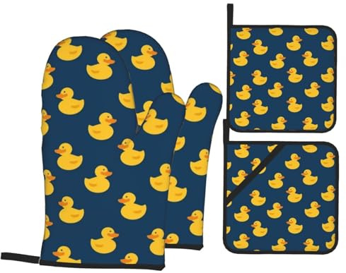 4 Pcs Rubber Ducky Oven Mitts and Potholders,Kitchen Oven Glove with Pot Holders,Non-Slip Gloves High Heat Resistant 500 Degree for BBQ, Grill, Baking, Cooking, Oven, Microwave
