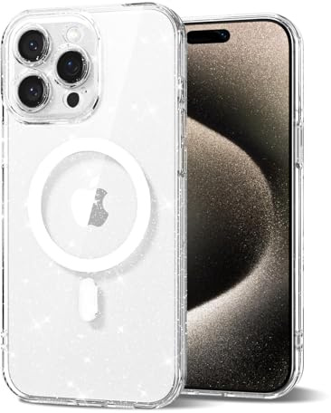 Svanove for iPhone 15 Pro Max Case Clear Glitter Compatible with Magsafe, Sparkly Bling Transparent Slim Thin Magnetic Mag Safe Case Cute, Girly Aesthetic Glittery Shiny Sparkle Rubber for Women Girls