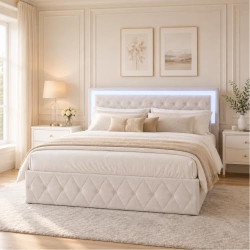 BRILVERDE Polsterbett 140x200 cm Doppelbett mit LED Beleuchtung, Hydraulisch Stauraumbett, Jugendbett mit kopfteil und Lattenrost, Bettrahmen für Erwachsene, Samt (Beige, 140 x 200cm)