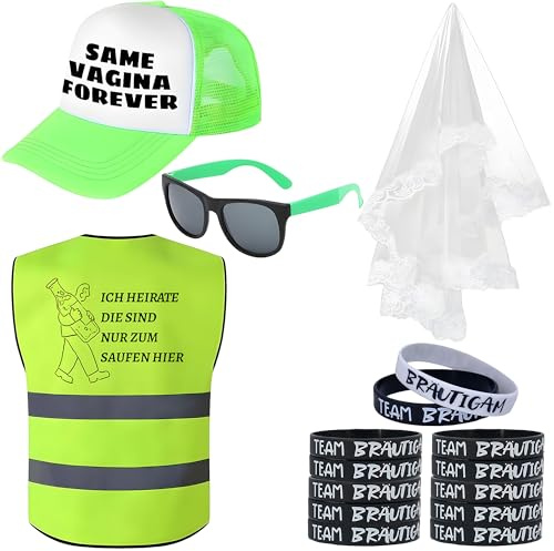 MOSNOW 16pcs Junggesellenabschied Männer Kostüm Set, JGA Männer Accessoires, Weste, Schleier, Sonnenbrille, Armbänder, für JGA Party Zubehör, Hochzeitsfeier