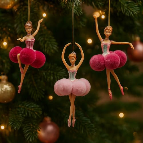 Addobbo Albero di Natale Ballerina Pon-Pon – Decorazione Pendente con Tutù Boule, 3 Pose Assortite, Colori Rosa e Fucsia 18cm - Varzi dal 1956