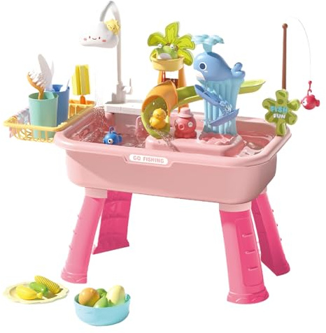 Spieltisch mit Wasser, Wassertische für Kinder im Freien, symbolisches Lernspiel mit elektrischem Wasserhahn, 4-in-1-Spüle, für Kinder, Mädchen, Spielhaus, Schule, , Garten, Picknick, Geburtstag