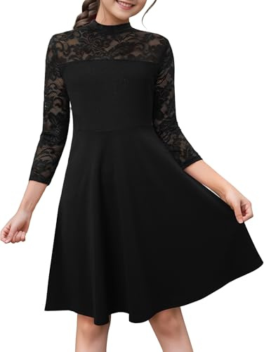 HOMEYEE Mädchenkleid Blumenspitze A-Linie 3/4 Ärmel Knielang Festliches Elegant Kinderkleider Partykleid für Hochzeit 9-14 Jahre (9 Jahre,Schwarz)