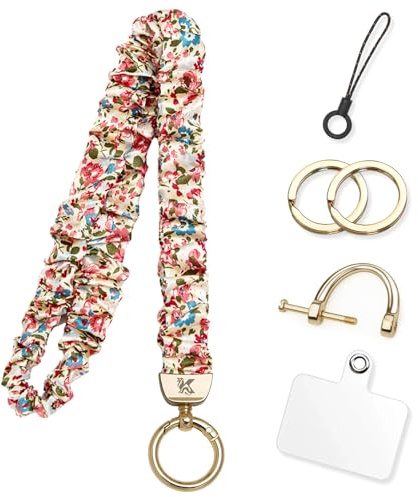 KARENSKEYS Cordini Lanyard Scrunchie per Distintivi e Chiavi, Cordino da Collo Elastico Carino per Insegnanti con Linguetta per Donne. (Stampato floreale in bianco e rosa)