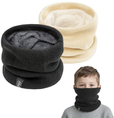 SEFIRST 2 Piezas Braga Cuello Niño, Invierno Lana Windstopper Snood Bufanda Calentador Tubular Cuello Térmica Resistente Bufanda Tubular de Punto Para Ciclismo Deportes Running Esquí (Negro, Beige)