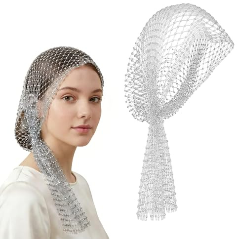 Rautennetz-Steinchen-Stirnband mit Schleier, funkelnde Lochnetz-Sequins-Kopfschal-Turban für Damen, Rave-Party-Nightclub-Zubehör | Silber