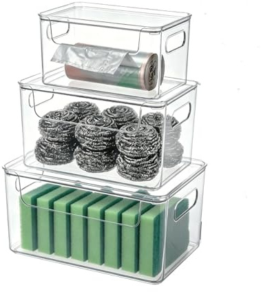 Raoletin 3 Pack Under Sink Storage Stackable Bin Bag Holder, Clear Plastic Under Sink Organiser Set with Lids, Front-Open Cupboard Organiser Trash Bag Dispenser for Kitchen, Pantry, Laundry