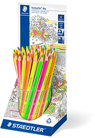 STAEDTLER trockene Textmarker Buntstifte, ergonomische Dreikantform, ideal für dünnes Papier, in den Farben neon gelb, orange, pink und grün, 48 Trockentextmarker im Köcher, 128 64KP48