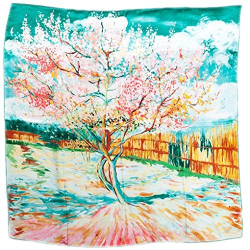 Prettystern Damen Seidentuch 90cm Gemälde Printing Schultertuch Halstuch - Van Gogh - Peach in Blossom (türkis Grün) P586