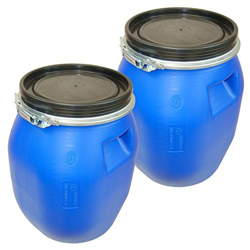 Lot de 2 Barils poliétylène ouverture totale 30 L, bleu, fût réservoir, qualité alimentaire, avec couvercle (2x22094)
