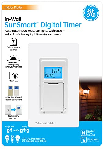 GE SunSmart 7-Day In-Wall Digital Timer Switch, Auto Sunrise/Sunset, Weekly Programmable, Security, Countdown, Single-Pole/3-Way, Neutral Wire Required, White or Light Almond, 32787