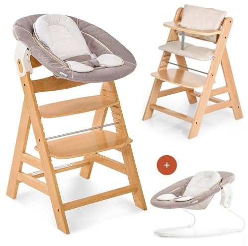 hauck Seggiolone Pappa Alpha Plus Newborn - Sediolone Pappa Bimbi con Sdraietta Neonati Dondolo e Cuscino - Seggiolone Evolutivo Legno - (Classic, Naturale)