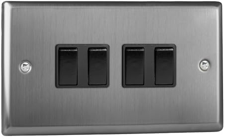 Varilight Quad 2-Way Rocker Light Switch - Classic Brushed Steel With Black Rockers, XT9B