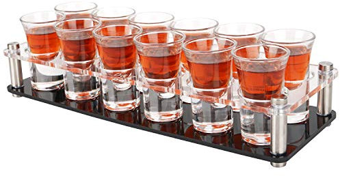 D&Z 1 Ounce Shot Glass Set with Tray, 12 Shot Glasses for Tequila/Vodka/Whiskey/Cocktail, Unique and Convenient Serving Tray - Easily Organize More Attractive Gatherings, Ideal 21st Birthday Gifts