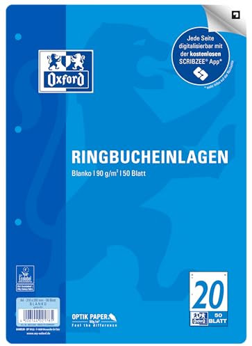 Oxford Ringbucheinlagen A4 blanko ohne Linien oder Karos, Lineatur 20, 50 Blatt