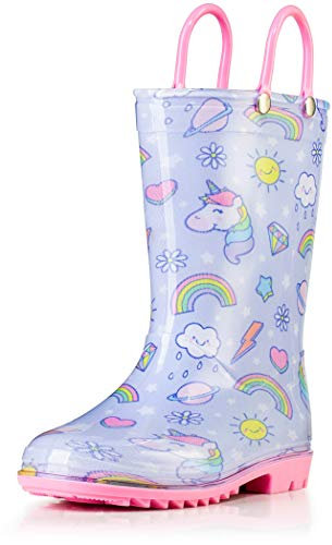Stivali da pioggia per bambini e bambini con manici facili da indossare, colori e disegni per ragazzi e ragazze Puddle Play, unicorno, 4 US Toddler