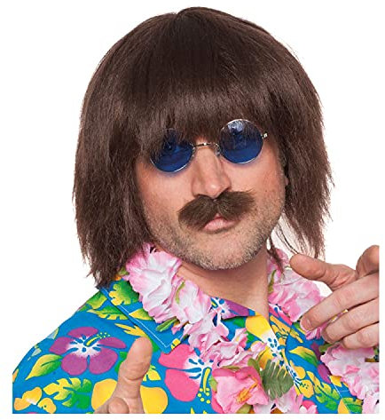 PAPSTAR NEU Perücke Herren Mittellang Music Man 70er Retro, Lenon, braun - mit Haarnetz