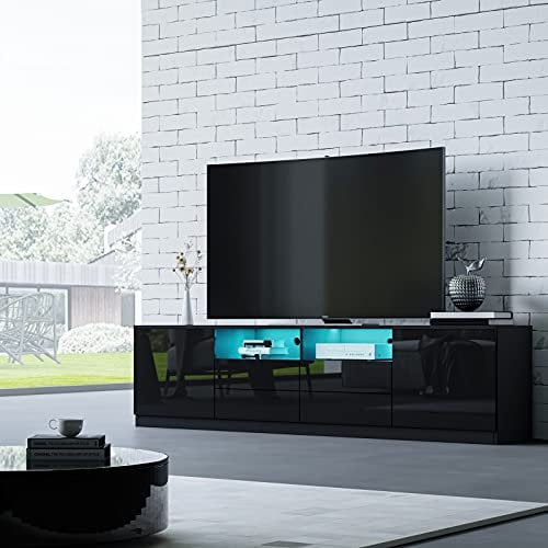 Black High Gloss TV Stand Cabinet Unit with LED Light, 180cm Modern 2 Doors & 4 Drawers Storage Entertainment Unit Sleek Design for Living Room, Bedroom & Home Furniture, 180 x 35 x51 cm