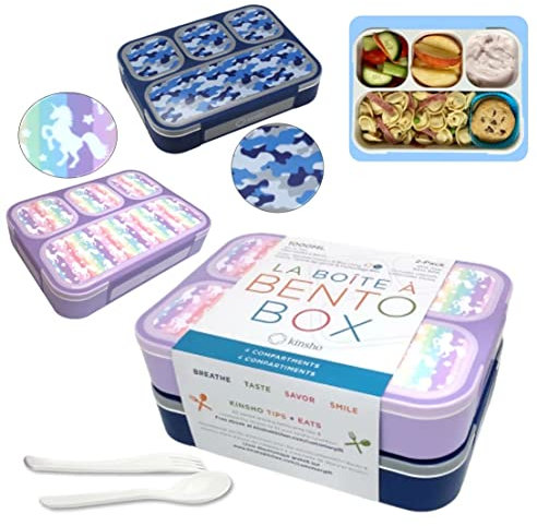 kinsho Bento-Box Lunch-Box Kids, Meal Boxes and Snack Containers for Boys & Girls for School, Includes Utensils, BPA Free (Purple Rainbow Unicorn + Blue Black Camo, 2 Pack Set)