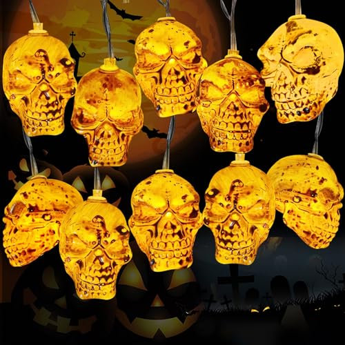 TaimeiMao Halloween Deko Licht,Schädel Licht 3M mit 20 LEDs,Halloween Schädel Lichterkette,Batteriebetriebene,Halloween Deko Garten,Halloween Beleuchtung Aussen & Innen
