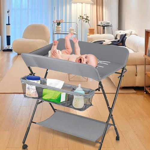 Fasciatoio pieghevole con cesti e fasciatoio per neonati, fasciatoio con rotelle con cesto portaoggetti posizioni, struttura in ferro per neonati, 80 x 66 x 98 cm (grigio)