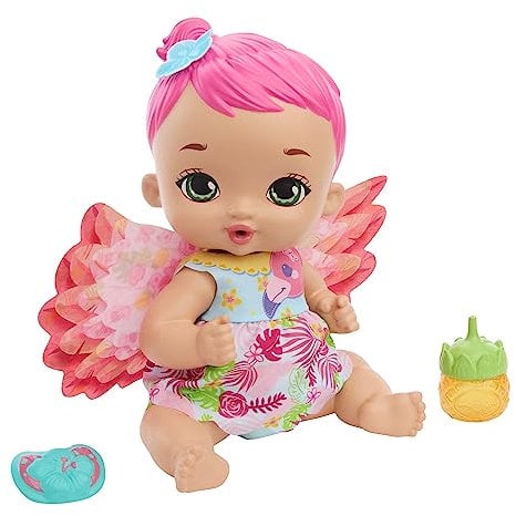 Mattel My Garden Baby Poupée Bébé Flamant Rose, Boit Et Fait Pipi (30Cm), Avec Couche Réutilisable, Biberon Et Accessoires, Jouet Enfant, Dès 1 An, HPD12