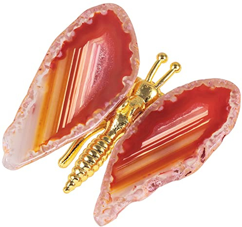 KYEYGWO Achat Scheiben Schmetterling Figur Dekoration mit Stein Flügeln, Golden Fliegender Schmetterlinge Statue Heilstein Fengshui Ornament Kristall Tier Skulptur für Haus & Büro, Rot