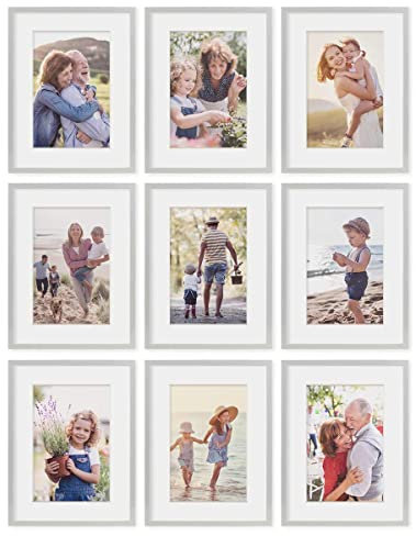 PHOTOLINI Bilderrahmen 30x40 Holz MDF Silber, 9er Set Bilderrahmen 40x30 cm mit Passepartout, bruchsicheres Acrylglas, Rahmen 30 x 40 zum Aufhängen, extra Zubehör - Rahmen 30x40 für Fotos & Poster