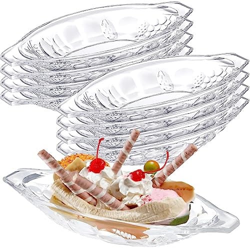 Bokon Paquete de 16 platos divididos de plátano de 8 onzas, platos de helado de acrílico, cuencos divididos de plátano transparente, plato de barco dividido para cocina, yogur, aperitivos de frutas
