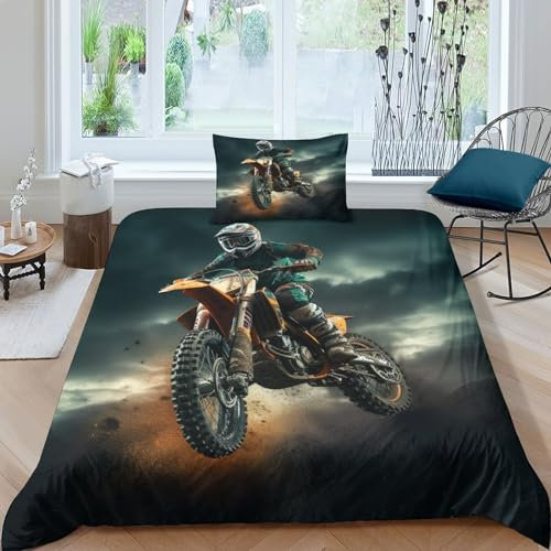 GEEYOU Motorcycle Race Bettbezug Baumwolle Motocross Steppdeckenbezug Reißverschluss Bed Linen Set Luxuriös Bettdeckenbezug Zip-Verschluss Bettwäsche Set Mit Kopfkissenbezügen Single(135x200cm)