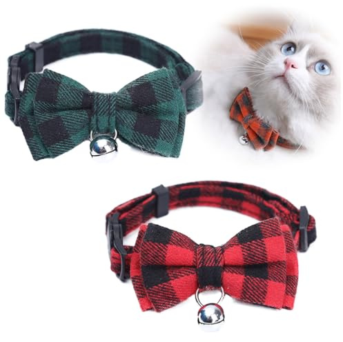 LJFEA Katzenhalsband für Katzen mit Fliege und Rasseln,Schnallenhalsbänder mit Schnellverschluss für Katzen und Kätzchen,Rot und Grün