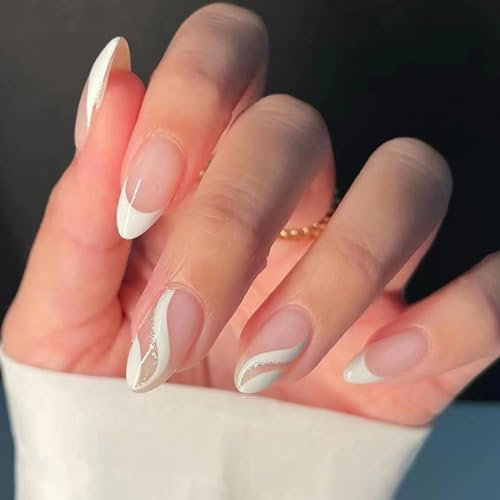 24Pcs French Tip Short Almond Press on Nails - White Swirl Pattern Fake Nails With Glue Stickers, Acrylic Full Cover Oval Removable Stick on for Women Girls Art Decorations