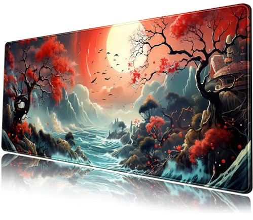 Japanische Schreibtischmatte, erweitertes Gaming-Mauspad, groß, XL, Ozeanischer Durchgang, ästhetisch, Tastaturmatte, Laptop, 80 x 30 cm, mit genähten Kanten