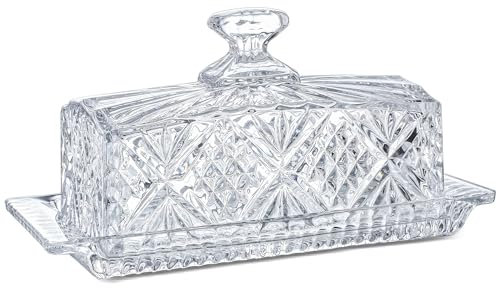 Crystal Covered Butter Dish,8inch Classic Glass 2-Piece Design Butter Keeper with Lid | Butter Holder | Dishwasher Safe