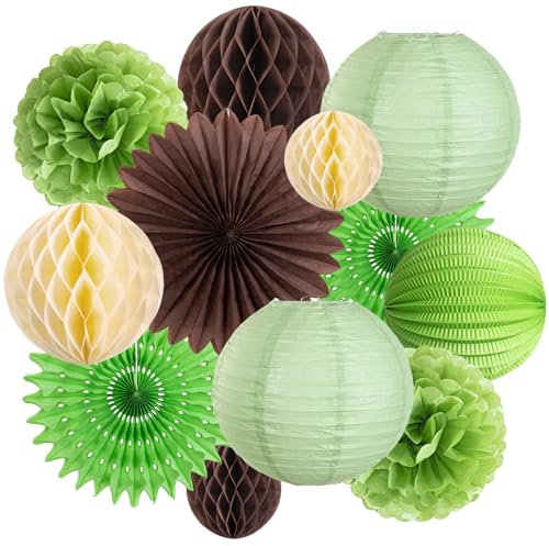 SUNBEAUTY 12 Stück Seidenpapier Pompons Deko Grün Braun Gelb Papier Pompoms Papierfächer Lampions für Geburtstag Hochzeit Gartenparty Dekoration