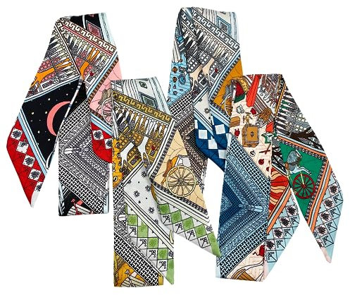 SansHeBe 4 x modische Twilly-Schals für Taschen, Kopfhaarband, Schal, Halstuch für Damen, Stadt, 5 * 90CM