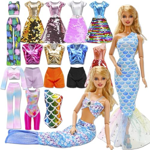 Festfun Kleidung für Puppen 14 Puppenkleidung enthält 3 Kleider 4 Oberteile 4 Hosen 1 Meerjungfrau Kleidung 2 Badeanzug Outfits für 11,5 Zoll 30 cm Mädchen Puppen Puppenbekleidung Zufällig Verschickt