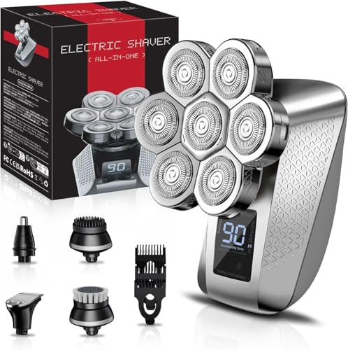 elestyle 5 in 1 Glatzen Rasierer Herren, IPX6 Wasserdichter Rasierer Herren elektrisch, Nass und Trocken Kopfrasierer fur Glatze mit LED und mit 7 Rotierende Scherköpfe, Bart Trimmer Pflege Kit